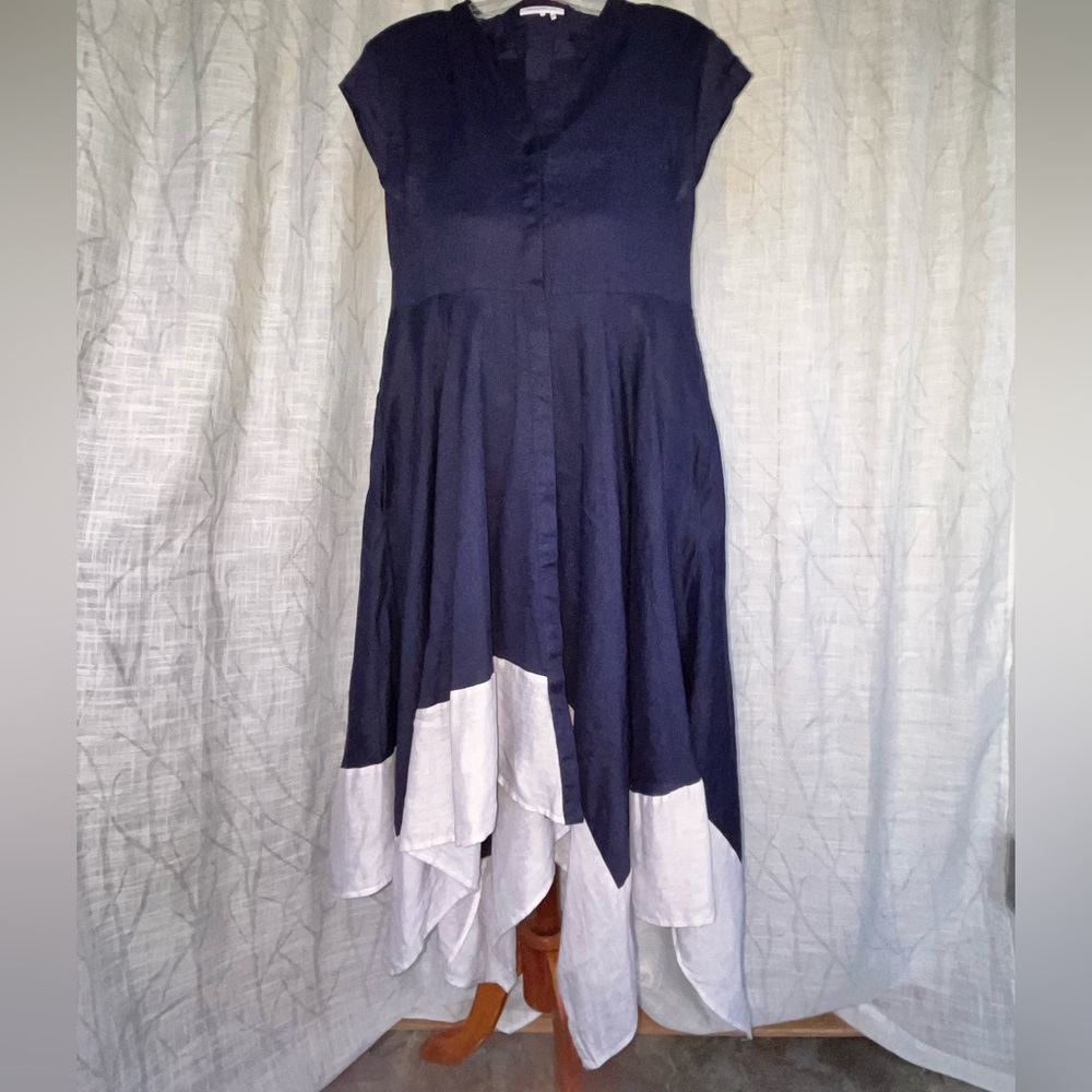 DKNY pure Asymmetrical Navy and White Linen Dress - Picture 12 of 14